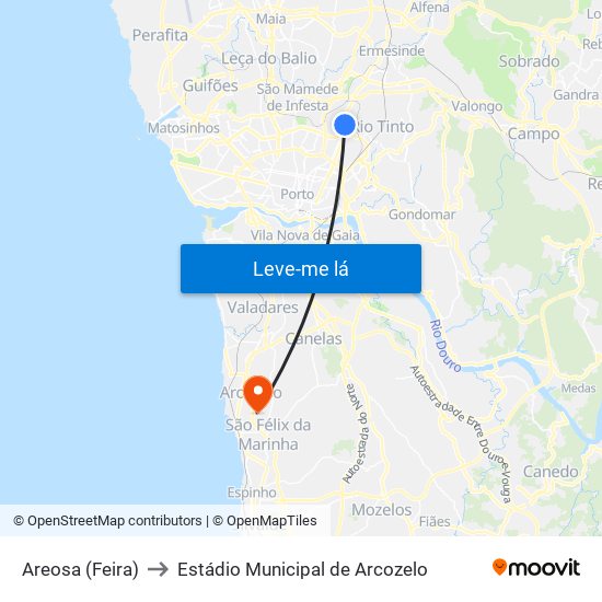 Areosa (Feira) to Estádio Municipal de Arcozelo map