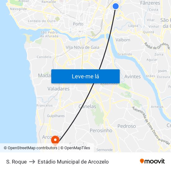 S. Roque to Estádio Municipal de Arcozelo map