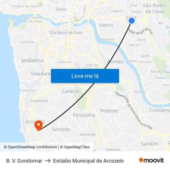 B. V. Gondomar to Estádio Municipal de Arcozelo map