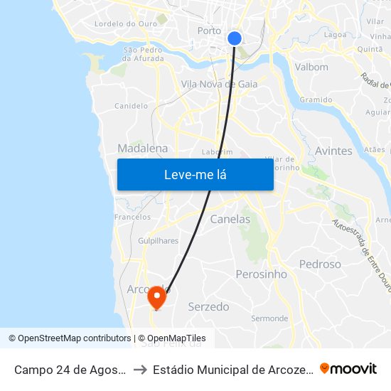 Campo 24 de Agosto to Estádio Municipal de Arcozelo map