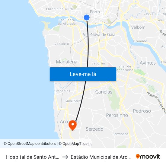 Hospital de Santo António to Estádio Municipal de Arcozelo map