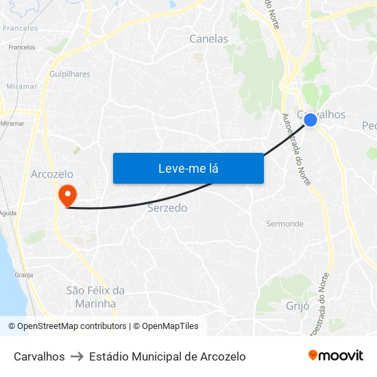 Carvalhos to Estádio Municipal de Arcozelo map