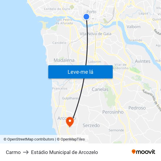 Carmo to Estádio Municipal de Arcozelo map