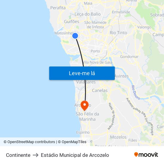 Continente to Estádio Municipal de Arcozelo map