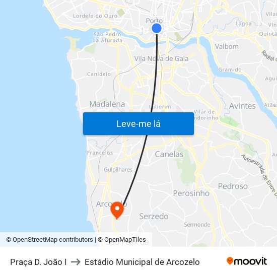 Praça D. João I to Estádio Municipal de Arcozelo map