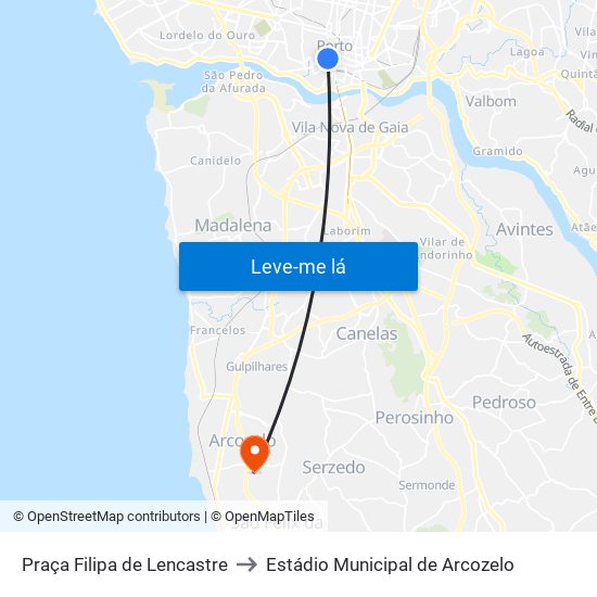 Praça Filipa de Lencastre to Estádio Municipal de Arcozelo map