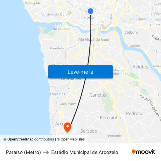 Paraíso (Metro) to Estádio Municipal de Arcozelo map