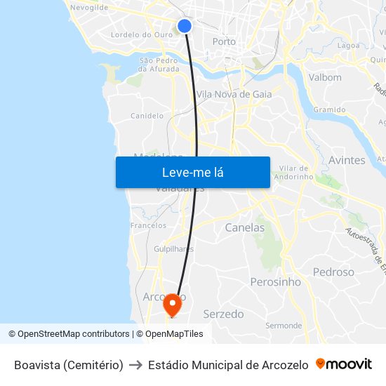 Boavista (Cemitério) to Estádio Municipal de Arcozelo map