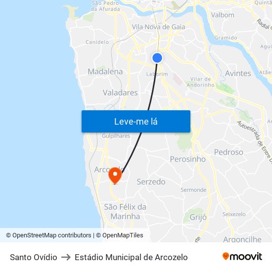 Santo Ovídio to Estádio Municipal de Arcozelo map