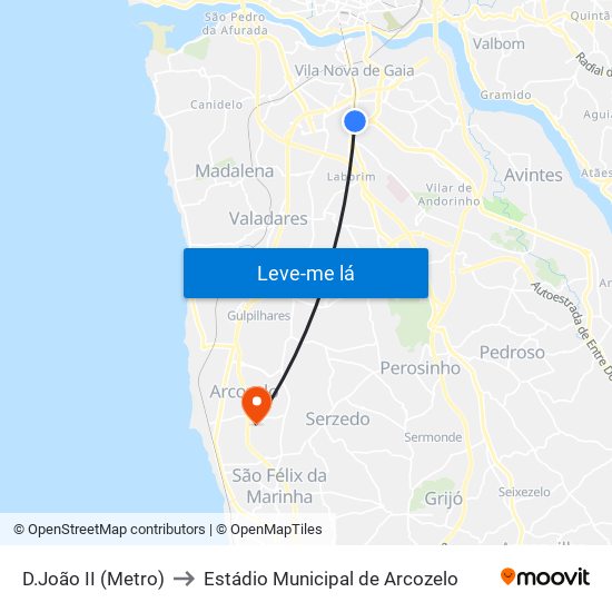 D.João II (Metro) to Estádio Municipal de Arcozelo map