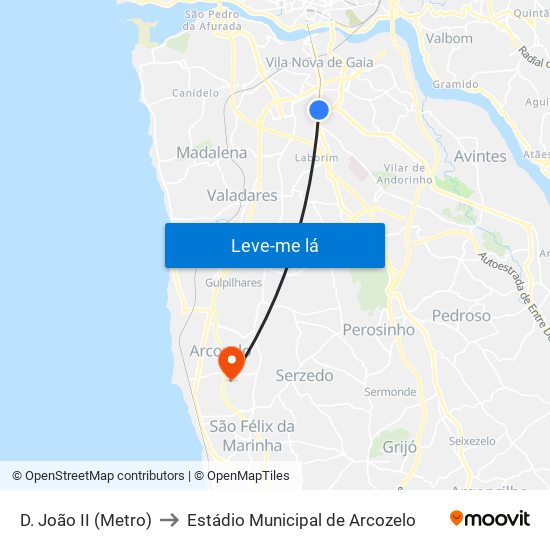 D. João II (Metro) to Estádio Municipal de Arcozelo map