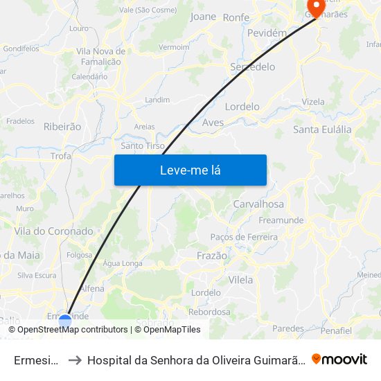 Ermesinde to Hospital da Senhora da Oliveira Guimarães, Epe map
