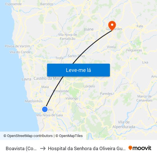 Boavista (Correios) to Hospital da Senhora da Oliveira Guimarães, Epe map