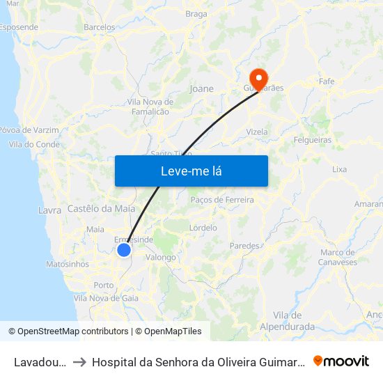 Lavadouros to Hospital da Senhora da Oliveira Guimarães, Epe map