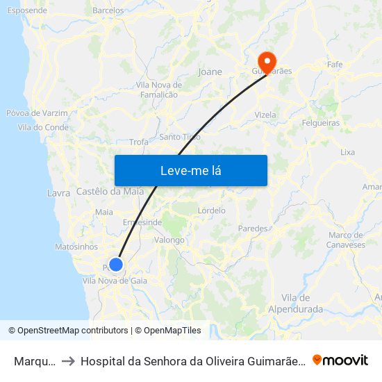 Marquês to Hospital da Senhora da Oliveira Guimarães, Epe map