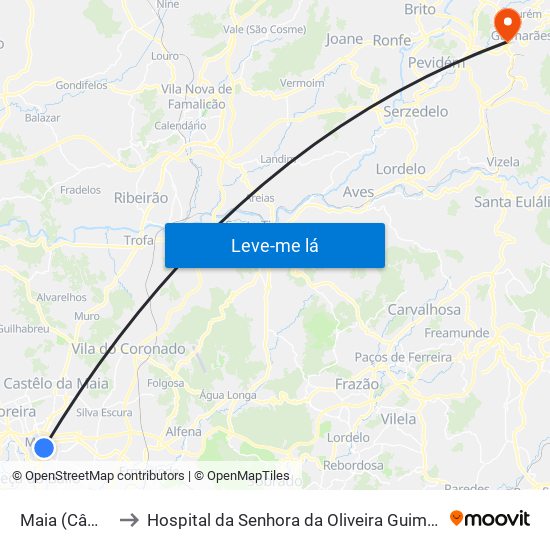 Maia (Câmara) to Hospital da Senhora da Oliveira Guimarães, Epe map