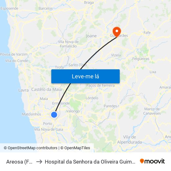 Areosa (Feira) to Hospital da Senhora da Oliveira Guimarães, Epe map