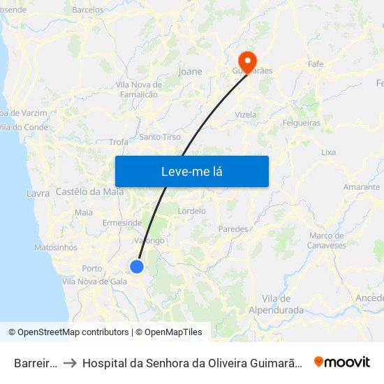 Barreiros to Hospital da Senhora da Oliveira Guimarães, Epe map