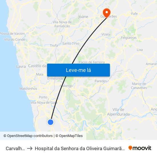 Carvalhos to Hospital da Senhora da Oliveira Guimarães, Epe map