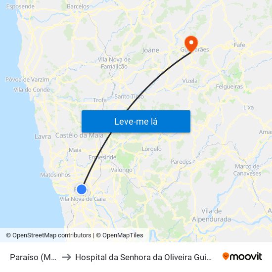 Paraíso (Metro) to Hospital da Senhora da Oliveira Guimarães, Epe map
