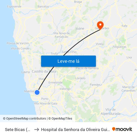 Sete Bicas (Metro) to Hospital da Senhora da Oliveira Guimarães, Epe map