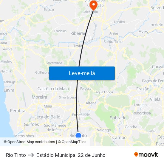 Rio Tinto to Estádio Municipal 22 de Junho map