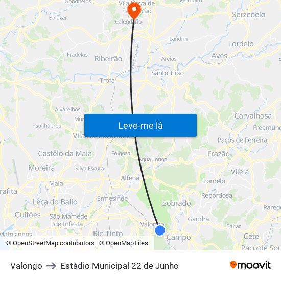 Valongo to Estádio Municipal 22 de Junho map