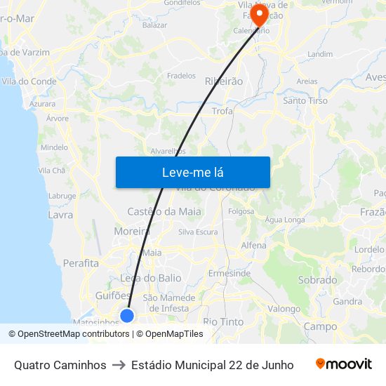 Quatro Caminhos to Estádio Municipal 22 de Junho map