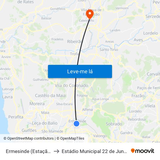 Ermesinde (Estação) to Estádio Municipal 22 de Junho map