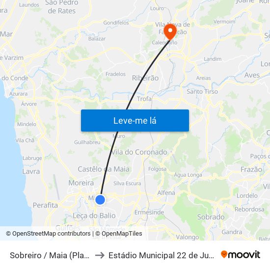 Sobreiro / Maia (Plaza) to Estádio Municipal 22 de Junho map