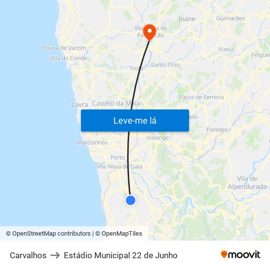 Carvalhos to Estádio Municipal 22 de Junho map