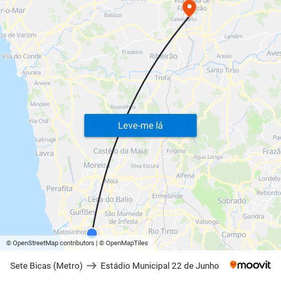 Sete Bicas (Metro) to Estádio Municipal 22 de Junho map