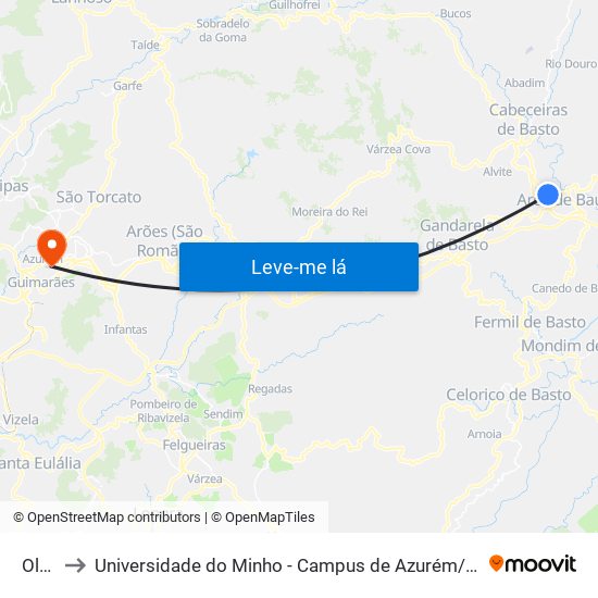 Olela to Universidade do Minho - Campus de Azurém / Guimarães map