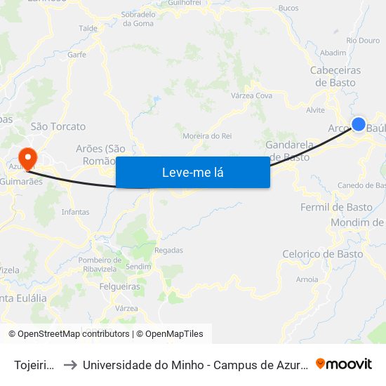 Tojeirinhas to Universidade do Minho - Campus de Azurém / Guimarães map