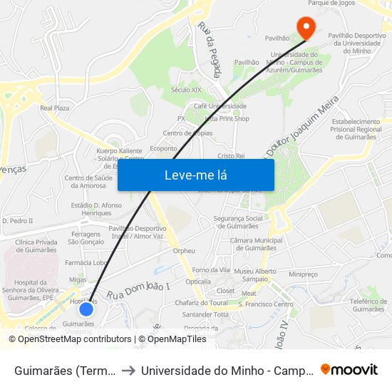 Guimarães (Terminal Rodoviário) to Universidade do Minho - Campus de Azurém / Guimarães map