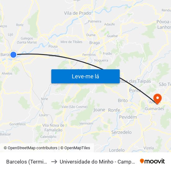 Barcelos (Terminal Rodoviário) to Universidade do Minho - Campus de Azurém / Guimarães map