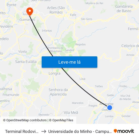 Terminal Rodoviário Amarante to Universidade do Minho - Campus de Azurém / Guimarães map