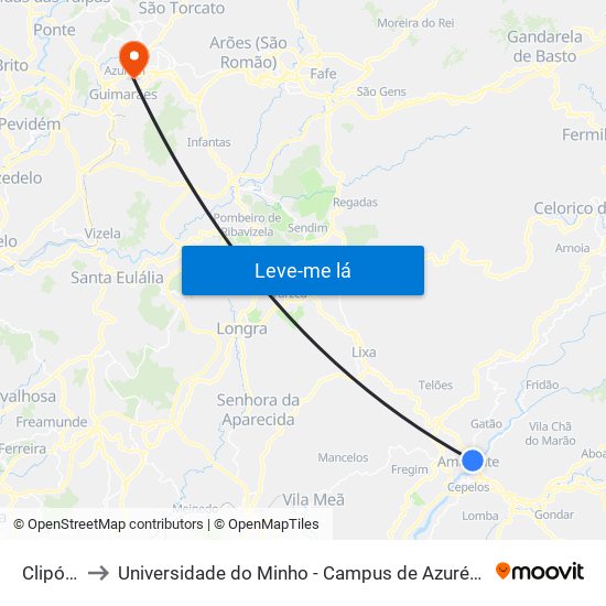 Clipóvoa to Universidade do Minho - Campus de Azurém / Guimarães map