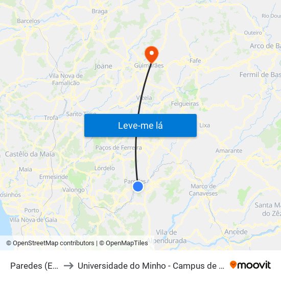 Paredes (Estação) to Universidade do Minho - Campus de Azurém / Guimarães map