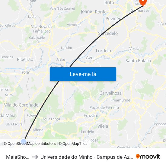 MaiaShopping to Universidade do Minho - Campus de Azurém / Guimarães map