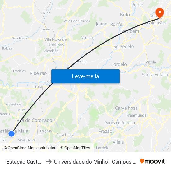 Estação Castêlo da Maia to Universidade do Minho - Campus de Azurém / Guimarães map