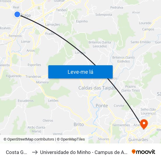 Costa Gomes I to Universidade do Minho - Campus de Azurém / Guimarães map