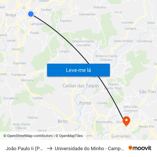 João Paulo Ii (Parque Rodovia) to Universidade do Minho - Campus de Azurém / Guimarães map