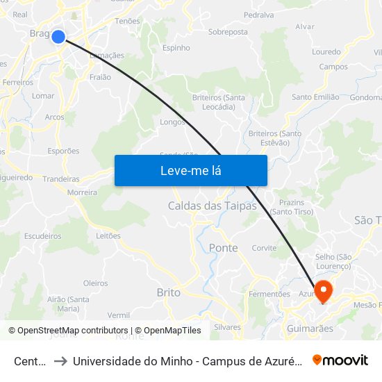 Central I to Universidade do Minho - Campus de Azurém / Guimarães map