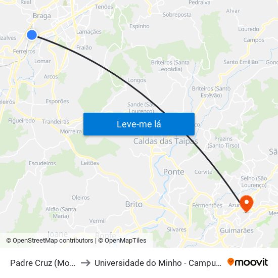 Padre Cruz (Moura Coutinho) to Universidade do Minho - Campus de Azurém / Guimarães map