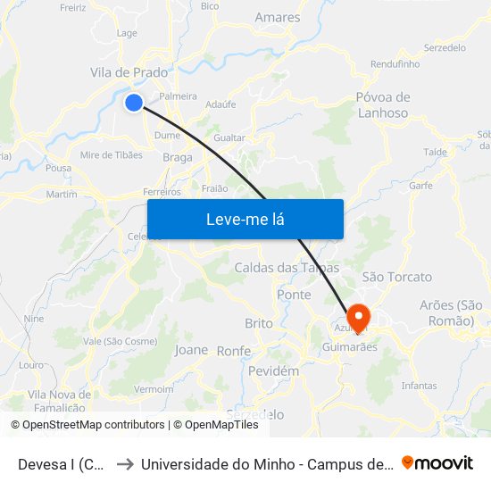 Devesa I (Cemitério) to Universidade do Minho - Campus de Azurém / Guimarães map