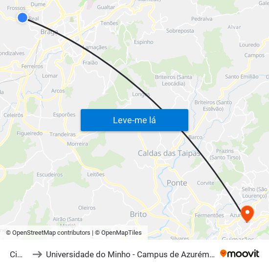 Cima I to Universidade do Minho - Campus de Azurém / Guimarães map