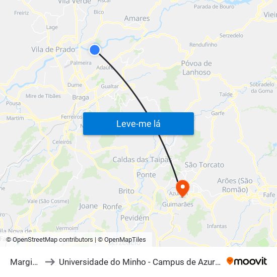Marginal V to Universidade do Minho - Campus de Azurém / Guimarães map