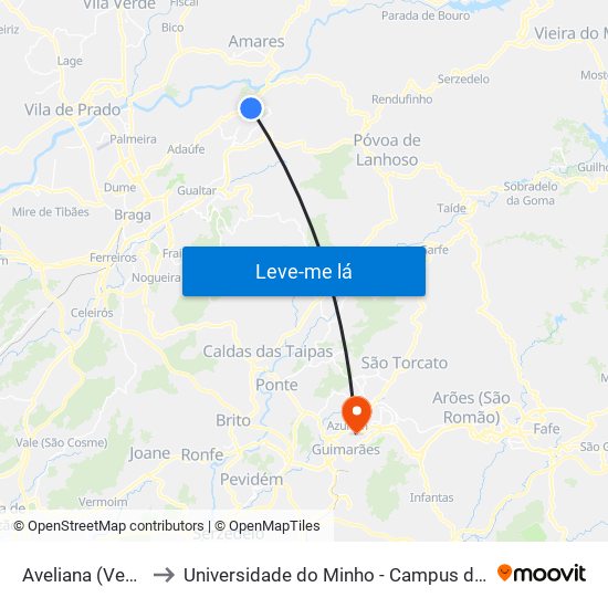 Aveliana (Venda Nova) to Universidade do Minho - Campus de Azurém / Guimarães map