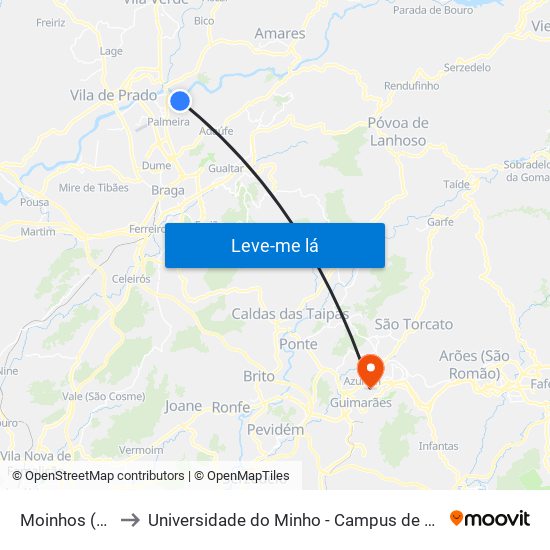 Moinhos (Capela) to Universidade do Minho - Campus de Azurém / Guimarães map